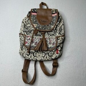 Unionbay Floral Damask Tapestry Backpack Brown Faux Leather Trim Tassel Boho Bag